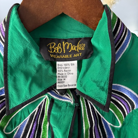 Bob Mackie Wearable Art Green Button Up 100% Silk Green Vintage Blouse with Bow - Picture 5 of 6